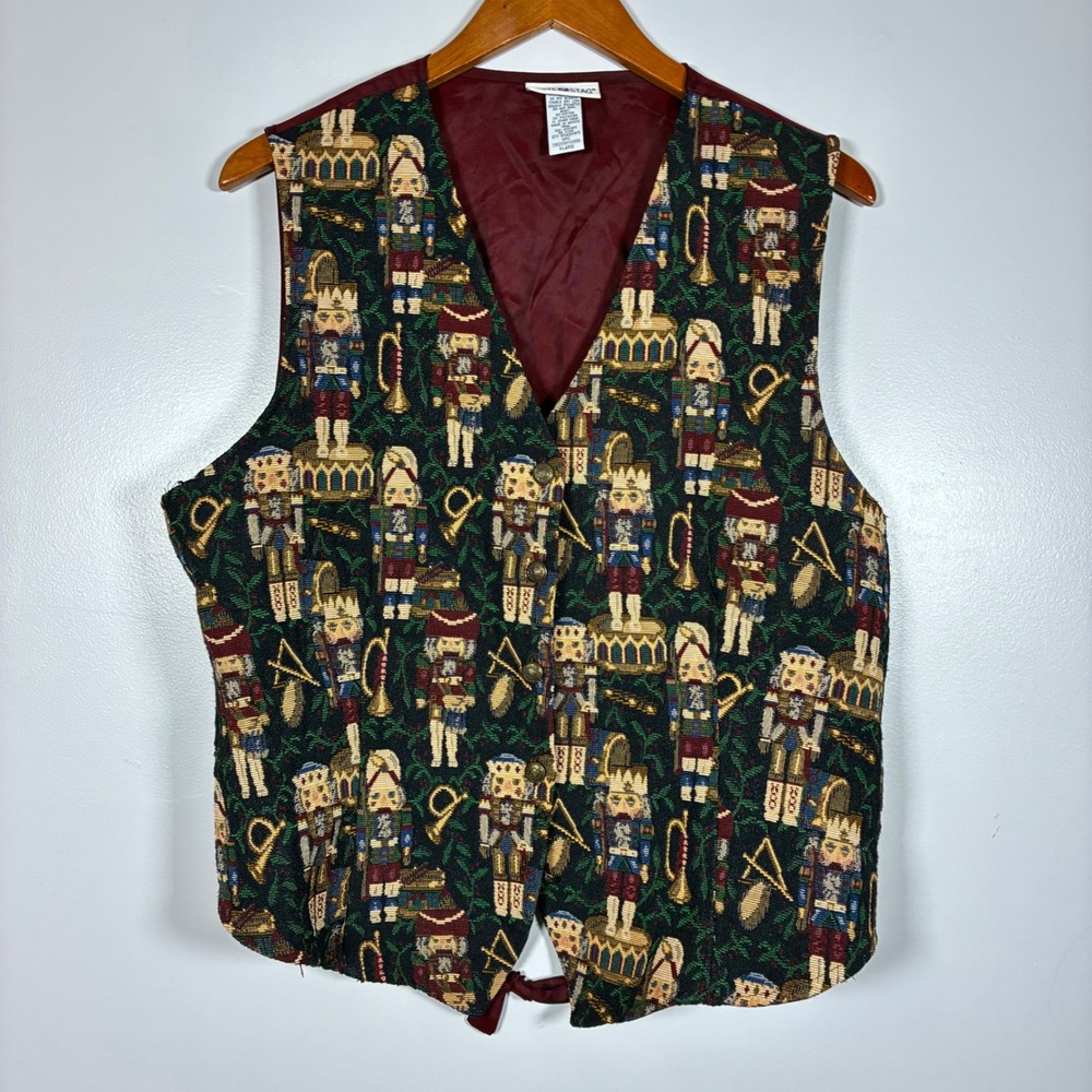 Vest XL Burgundy Nutcracker Tapestry Holiday Festive Ugly Xmas Kitschy Grandma
